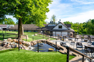 Outdoor deck with pond